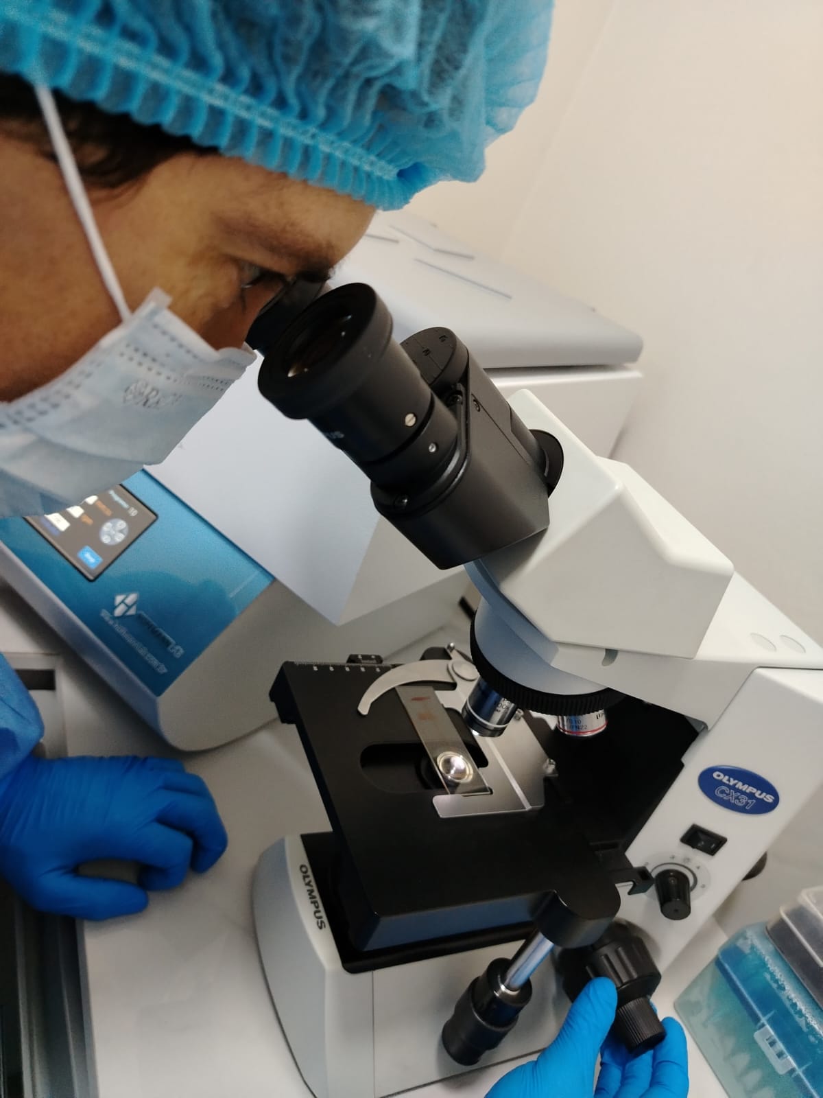 Profesional de laboratorio examinando una muestra en el microscopio